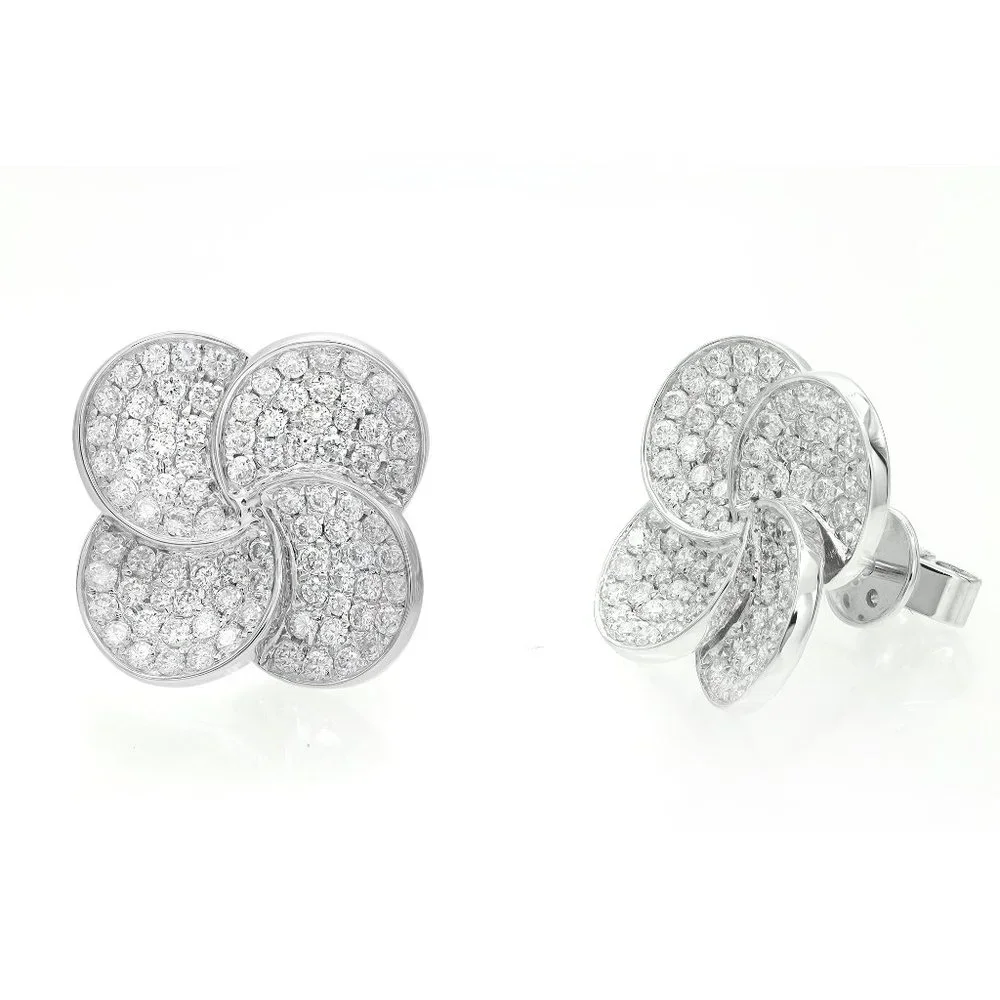 Pave Set Round Cut Diamond Flower Stud Earring 18K White Gold 1.44Cttw - Picture 2 of 4